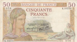 France, 50 Francs, 1939, VF, p85b
serial number: K.10270-0.76
Estimate: $75-150