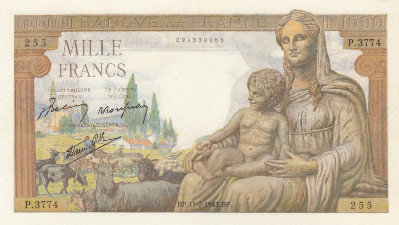 France, 1000 Francs, 1943, UNC, p102
serial number: P.3774.255
Estimate: $75-1...