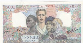 France, 5.000 Francs, 1945, XF-AUNC, p103c
serial number: E.476-618, Allegory of France with three men picture, RARE
Estimate: $250-500