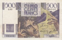 France, 500 Francs, 1946, XF, p129a
serial number: 99009.Q.65, Chateaubriand portrait at center
Estimate: $50-100