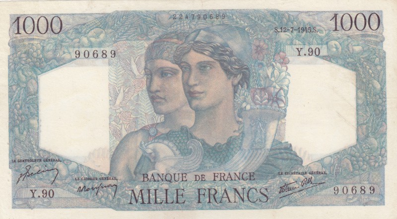 France, 1000 Francs, 1945, XF, p130a
serial number: Y90 90689
Estimate: $50-10...