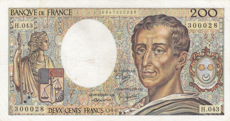 France, 200 Francs, 1986, XF, p154b
serial number: H.043 300028
Estimate: $5-....