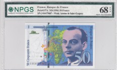 France, 50 Francs, 1994, UNC, p157A, HIGH CONDİTİON 
NPGS 68, serial number: J 016179467, Antoine de Saint-Exupery portrait
Estimate: $100-200