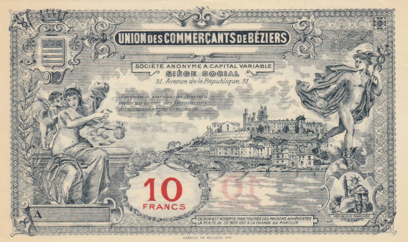 France, Beziers, 20 Francs, 1920, UNC
Union Des Commercants de Beziers, ticket...