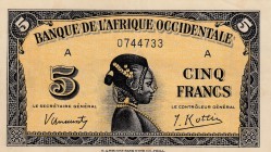French West Afrıca, 5 Francs, 1942, AUNC (-), p28
serial number: A 0744733
Estimate: $15-30