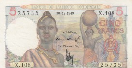 French West Africa, Afrique Occidentale Française, 5 Francs, 1949, UNC, p36
serial number: X.108-25735
Estimate: $50-100
