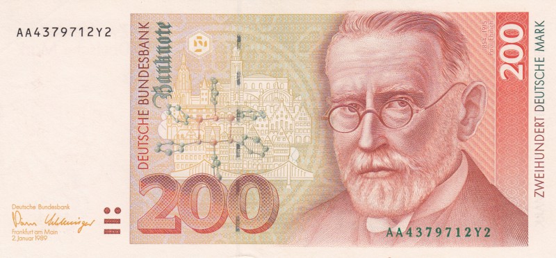 Germany, 200 Mark, 1989, AUNC, p42
serial number: AA 4379712Y2, Paul Ehritch po...