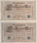 Germany, 1000 Mark, 1910, AUNC / UNC, p44, (Total 2 banknotes)
serial numbers: 2585988D- 9889367D
Estimate: $10-20