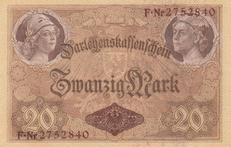 Germany, 20 Mark, 1914, UNC, p48b
serial number: 2752840, 7 digit serial
Estim...