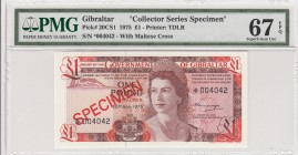Gibarltar, 1 pound, 1975, UNC, p20, SPECİMEN
PMG 67, serial munber: 004042, Queen Elizabeth II portrait, High Condition
Estimate: $25-50