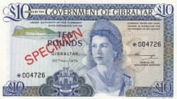 Gibraltar, 10 Pounds, 1975, UNC, p22, SPECIMEN
serial number: *004726, Queen Elizabeth II portrait
Estimate: $50-100