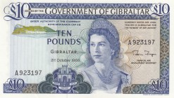 Gibraltar, 10 Pounds, 1986, UNC, p22b
serial number: A923197, Queen Elizabeth II portrait
Estimate: $25-50
