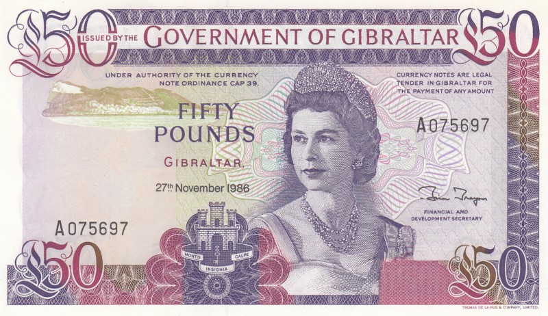 Gibraltar, 50 Pounds, 1986, UNC, p24
Queen Elizabeth II portrait, serial number...