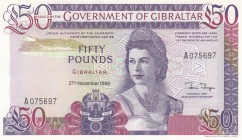 Gibraltar, 50 Pounds, 1986, UNC, p24
Queen Elizabeth II portrait, serial number: A 075697
Estimate: $150-300