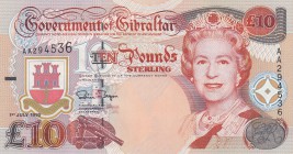 Gibraltar, 10 Pounds, 1995, UNC, p26a
Queen Elizabeth II portrait, serial number: AA 294536
Estimate: $35-70