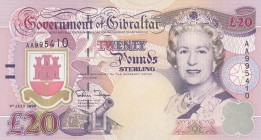 Gibraltar, 20 Pounds, 1995, UNC, p27
serial number: AA995410, Queen Elizabeth II portrait
Estimate: $50-100