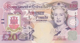 Gibraltar, 20 Pounds, 1995, UNC, p27a
Queen Elizabeth II portrait, serial number: AA 841704
Estimate: $75-150
