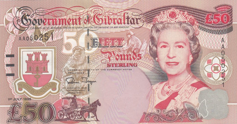 Gibraltar, 50 Pounds, 1995, UNC, p28
Queen Elizabeth II portrait, serial number...