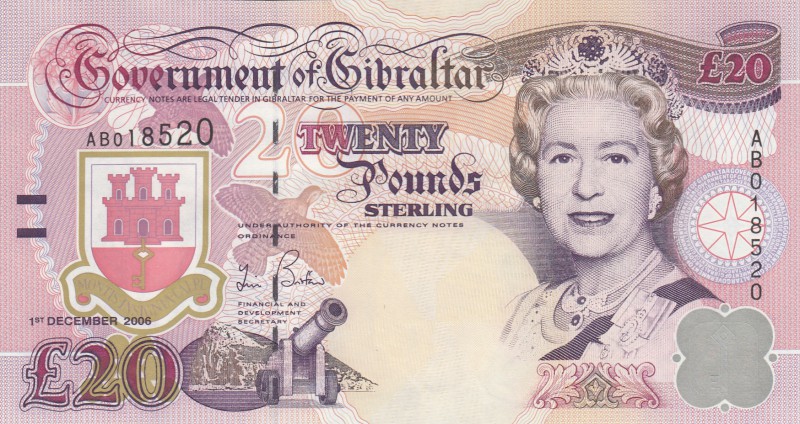 Gibraltar, 20 Pounds, 2006, UNC, p33a
Queen Elizabeth II portrait, serial numbe...