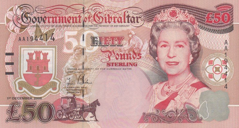 Gibraltar, 50 Pounds, 2006, UNC, p34
serial number: AA194414, Queen Elizabeth I...