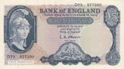Great Britain, 5 Pound, 1957-1961, UNC, p371
serial number: D75 577200, sign: L.K. O'Brien
Estimate: $100-200