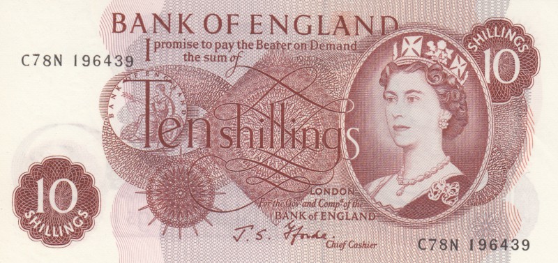 Great Britain, 10 Shillings, 1967, UNC, p373c
Queen Elizabeth II portrait, seri...