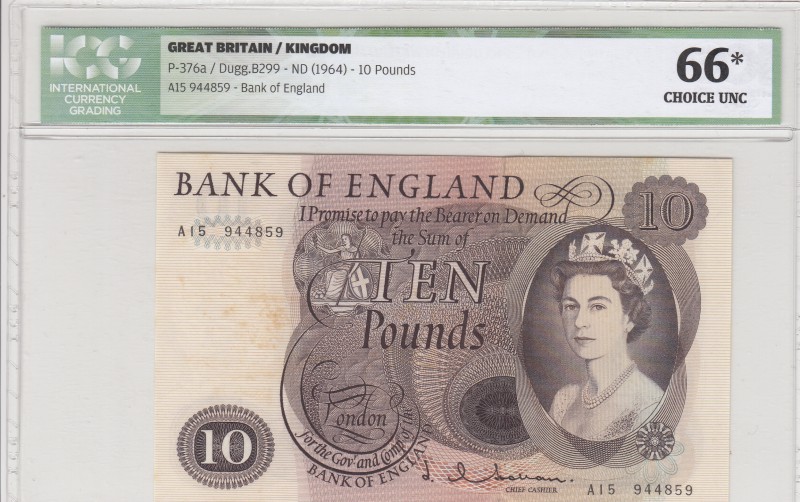 Great Britain, 10 Pounds, 1964, UNC, p376a
ICG 66, Queen Elizabeth II portrait,...