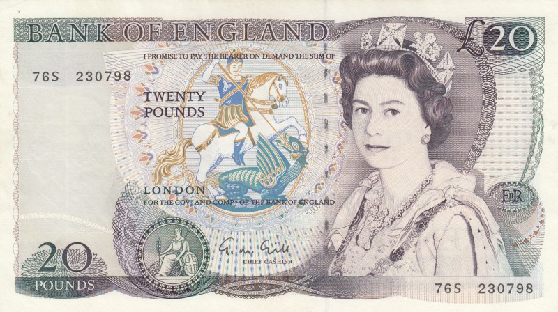 Great Britain, 20 Pounds, 1988, UNC, p380e
Queen Elizabeth II portrait, serial ...