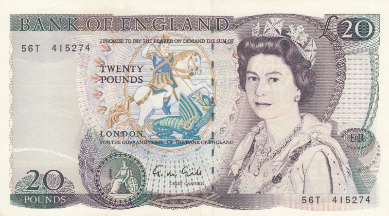 Great Britain, 20 Pounds, 1988, AUNC, p380e
Queen Elizabeth II portrait, serial...