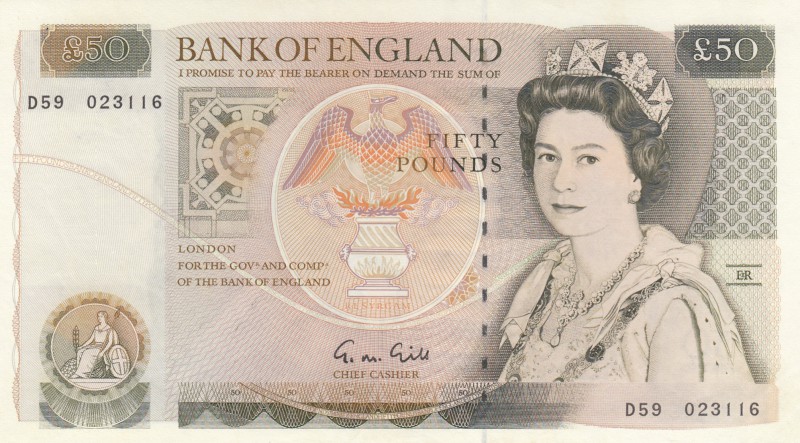 Great Britain, 50 Pounds, 1988, UNC, p381b
Queen Elizabeth II portrait, serial ...