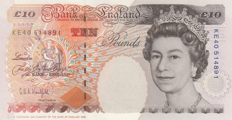 Great Britain, 10 Pounds, 1993, UNC, p386a
Queen Elizabeth II portrait, serial ...