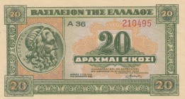 Greece, 20 Drachmai, 1940, UNC, p315
serial number: A36 210495, WW II
Estimate: $5-10