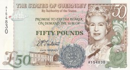 Guernsey, 50 Pounds, 1994, UNC, p59
serial number: A154830, Queen Elizabeth II portrait
Estimate: $100-200