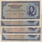 Hungary, 1.000.000 Pengo, 1945, FINE- VF, p122, (Total 5 banknotes)
serial numbers: N503 015824, N084 092167, N035 085741, N087 030547
Estimate: $10...