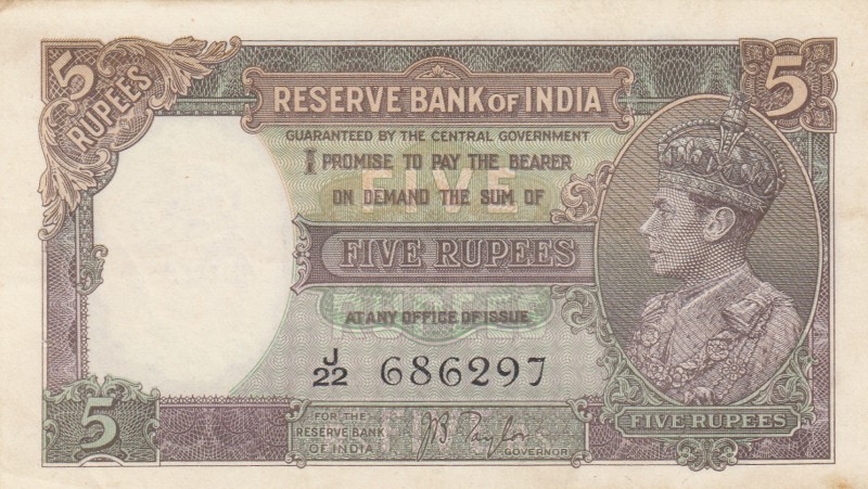 India, 5 Rupees, 1937, AUNC, p18b
Serial number: J22 686297, sign: J.B. Taylor...