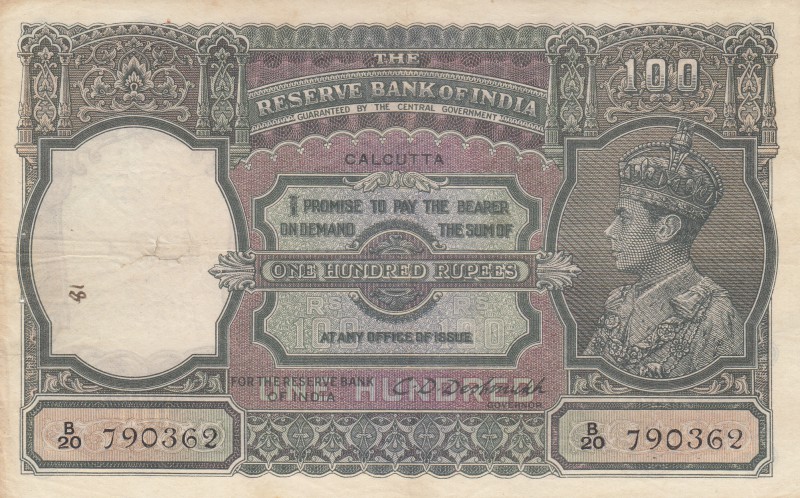 India, 100 Rupees, Calcutta, 1943, VF, p20f, RARE
serial number:B/20 790362, si...