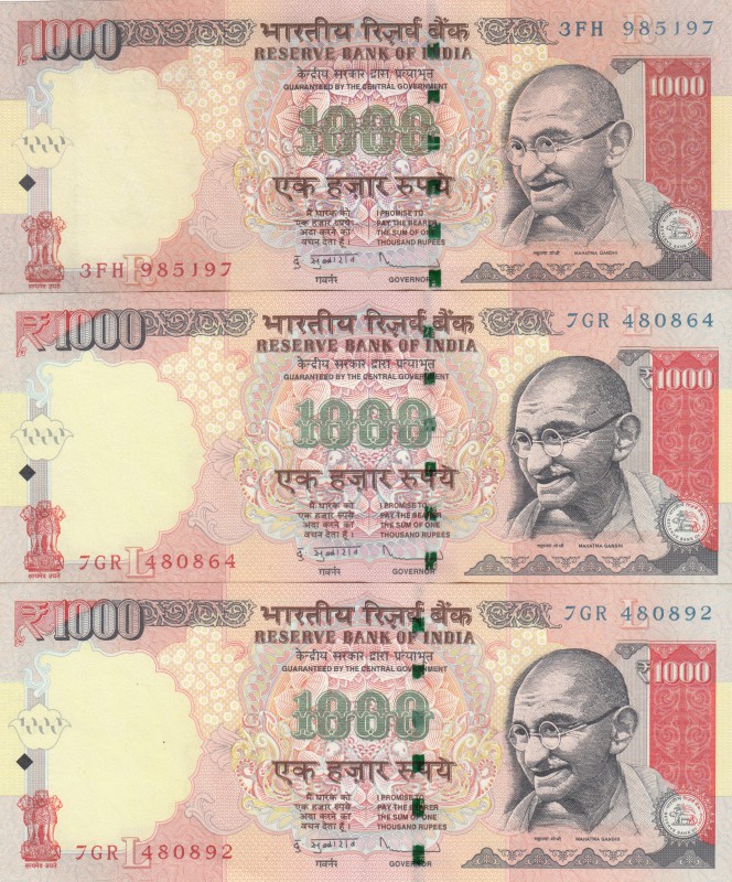 India, 1000 Rupees, 2011-2012, AUNC /UNC, p107, (Total 3 banknotes)
serial numb...