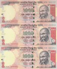 India, 1000 Rupees, 2011-2012, AUNC /UNC, p107, (Total 3 banknotes)
serial numbers: 3FH 985197, 7GR 480864 and 7 GR 480892, Mahatma Gandhi portrait a...