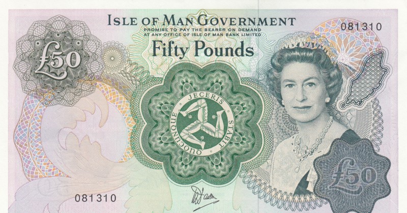 Isle of Man, 50 Pounds, 1983, UNC, p39
Queen Elizabeth II portrait, serial numb...