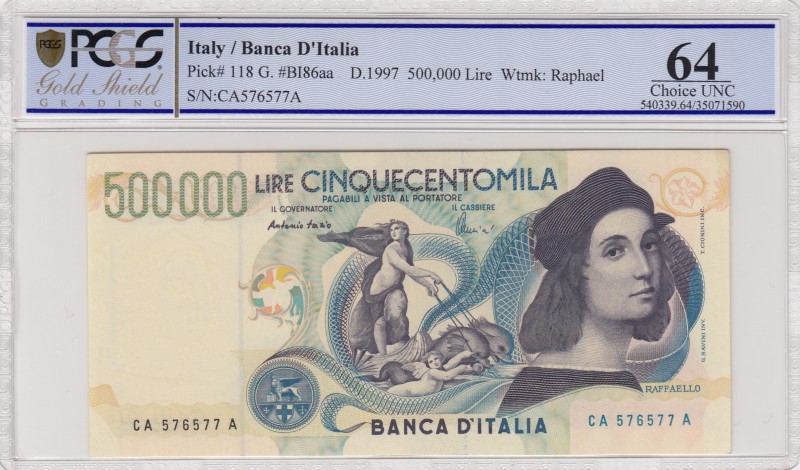 Italy, 500.000 Lire, 1997, UNC, p118
PCGS 64, serial number: CA 576577A
Estima...