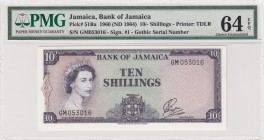 Jamaica, 10 Shillings, 1964, UNC, p51Bb
PMG 64 EPQ, Queen Elizabeth II, serial number: GM 053016, false classified by PMG
Estimate: $200-400
