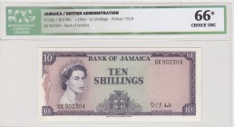 Jamaica, 10 Shillings, 1964, UNC, p51Bc
İCG 66, Queen Elizabeth II, serial number: GX 902304
Estimate: $200-400