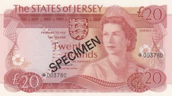 Jersey, 20 Pounds, 1978, UNC, p14s, SPECİMEN
Queen Elizabeth II, serial number: *003780, Collector Series Specimen
Estimate: $100-200