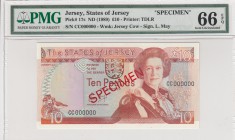 Jersey, 10 Pounds, 1989, UNC, p17s, SPECIMEN
PMG 66 EPQ, serial number: CC 000000, Queen Elizabeth II portrait
Estimate: $100-200