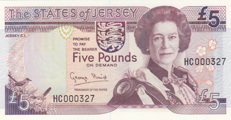 Jersey, 5 Pounds, 1993, UNC, p21
serial number: HC 000327, sign: Baird, Queen E...