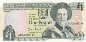 Jersey, 1 Pound, 2000, UNC, p26b
serial number: ADC 000191, Queen Elizabeth II portrait, LOW NUMBER
Estimate: $10-20