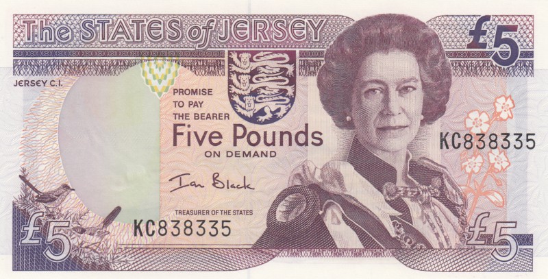 Jersey, 5 Pounds, 2000, UNC, p27
Queen Elizabeth II Bankonte, serial number: KC...