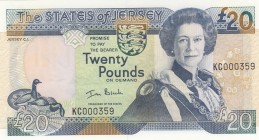 Jersey, 20 Pounds, 2000, UNC, p29
Queen Elizabeth II portrait, serial number: KC 000359, sign: Ian Black, Low serial number
Estimate: $75-150