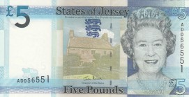 Jersey, 5 Pounds, 2010, UNC, p33
serial number: AD 056551, Queen Elizabeth II portrait
Estimate: $10-20