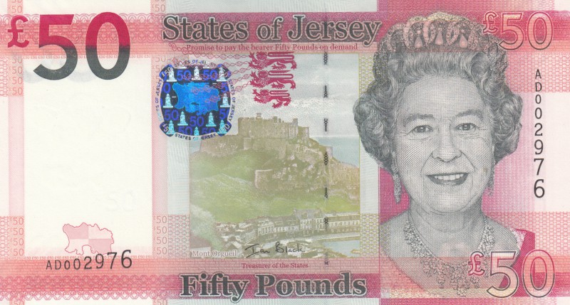 Jersey, 50 Pounds, 2010, UNC, p36
serial number: AD002976, Queen Elizabeth II p...